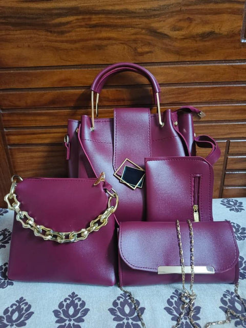 4 pcs women's PU leather plain hand bag set limited stock order now